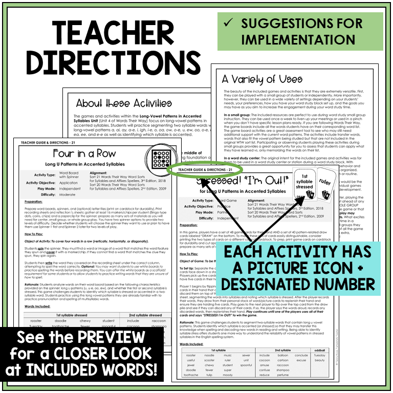 Teacher directions for Long U patterns in accented syllables games