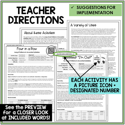Teacher directions for Long U patterns in accented syllables games