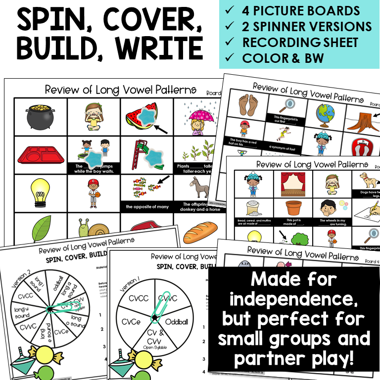 Spin, Cover, Build, Write picture boards for long vowel pattern review