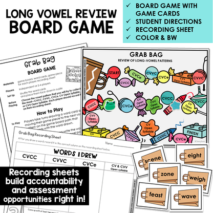 Grab Bag board game with word cards and recording sheet