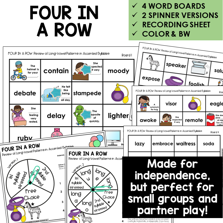 Four In A Row for Long Vowel patterns in accented syllables review, with spinners and recording sheet