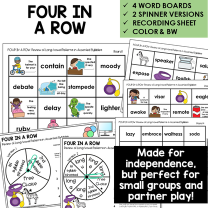 Four In A Row for Long Vowel patterns in accented syllables review, with spinners and recording sheet
