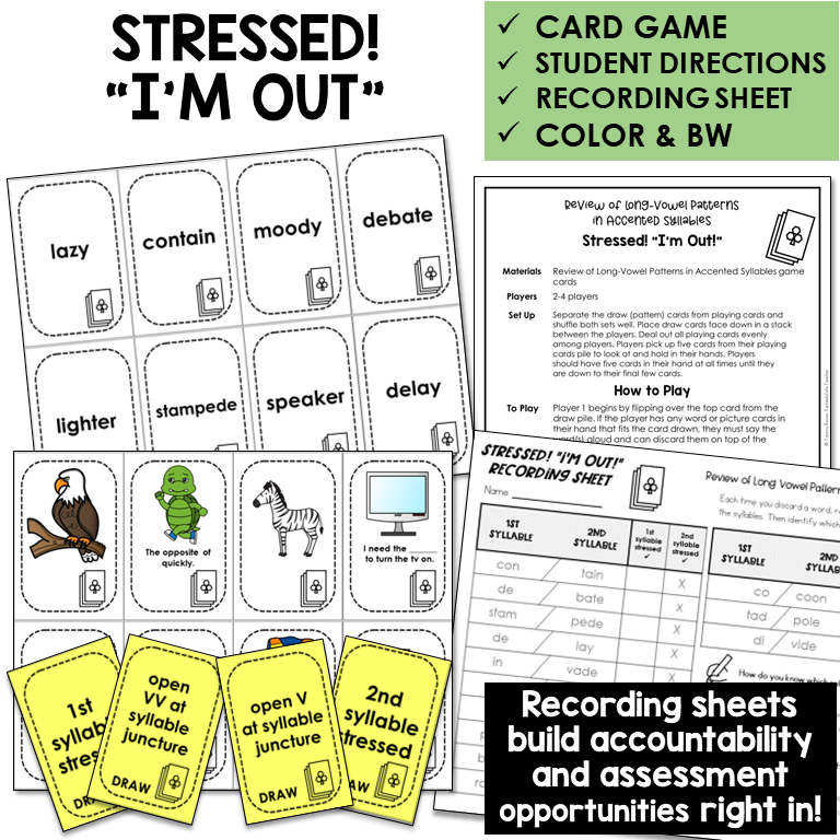 Stressed! "I'm Out" Card Game for Long Vowel patterns in accented syllables review, with recording sheet