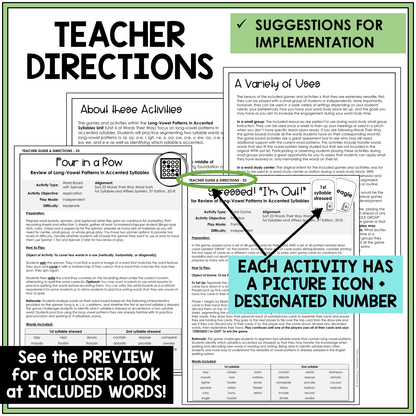 Teacher directions for Long Vowel patterns in accented syllables review games