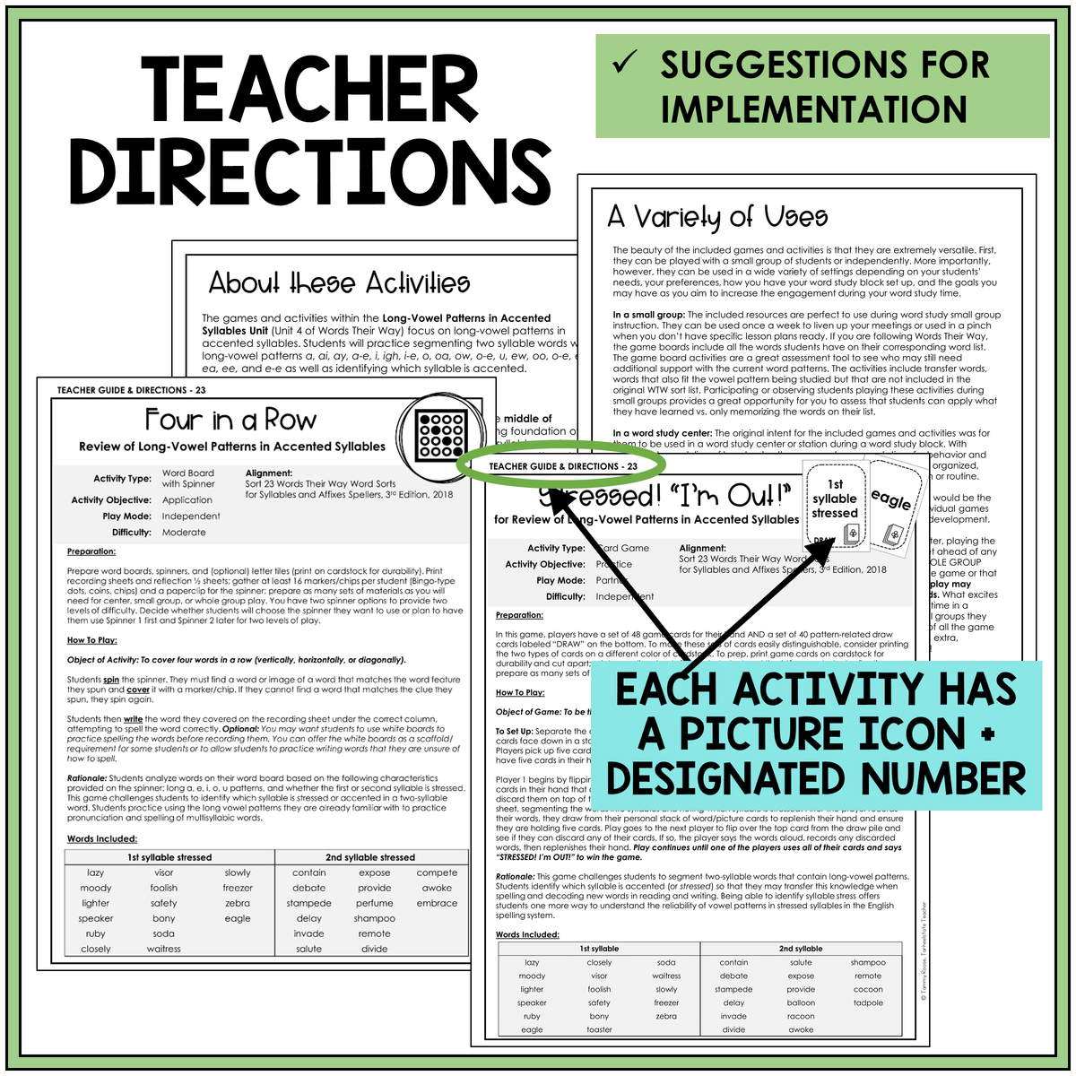 Teacher directions and suggestions for implementation, Long Vowel patterns in accented syllables review