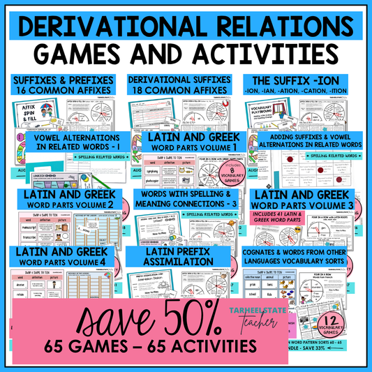 65 morphology games and spelling activities covering all word lists in the Derivational Relations Spellers stage.