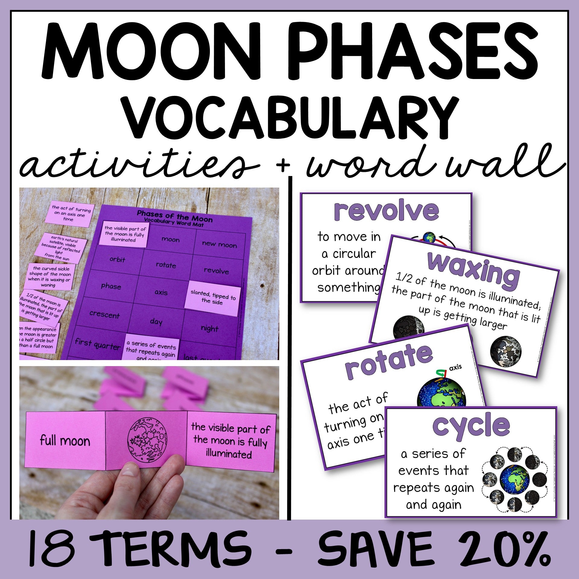 Moon phases vocabulary activities and word wall with educational materials on a purple background