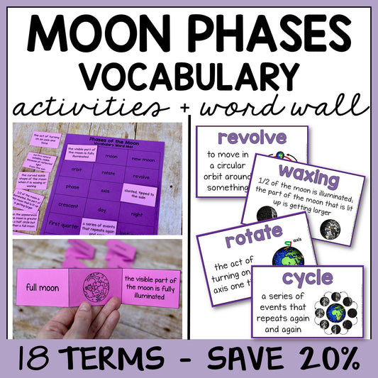 Moon phases vocabulary activities and word wall with educational materials on a purple background