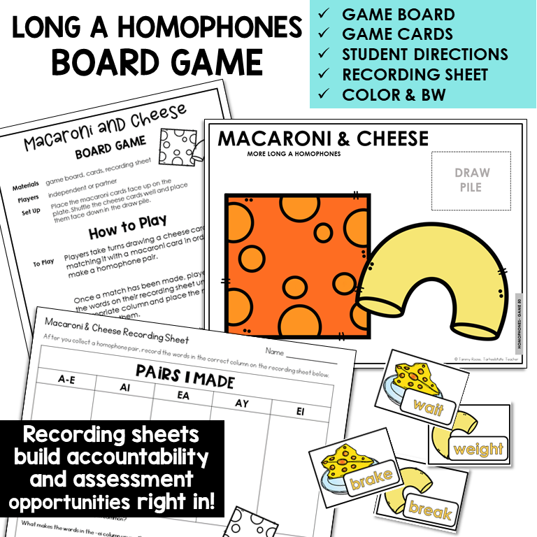 Macaroni and Cheese homophone board game with word cards and recording sheet