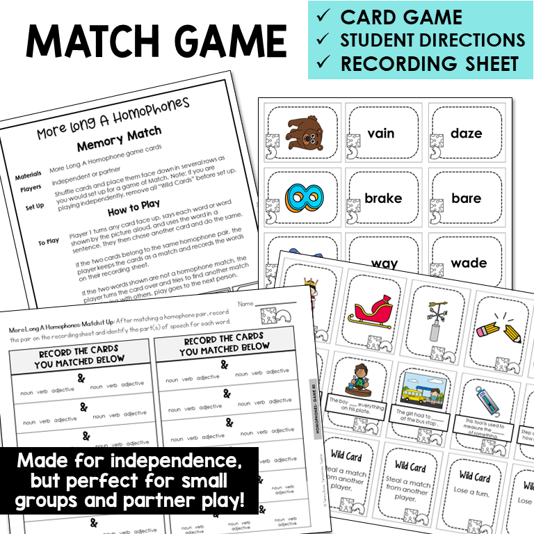 Memory Match card game for more Long A homophones with picture cards and recording sheet