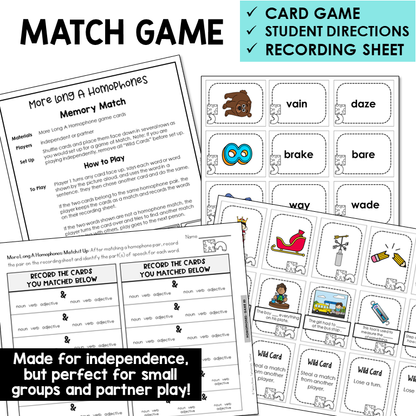 Memory Match card game for more Long A homophones with picture cards and recording sheet
