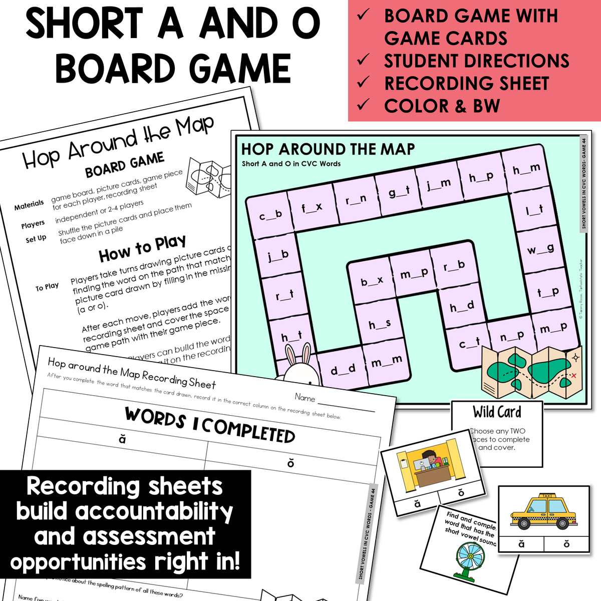 Hop Around the Map board game, game cards, and recording sheet for Short A and Short O CVC words