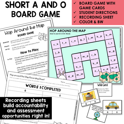 Hop Around the Map board game, game cards, and recording sheet for Short A and Short O CVC words
