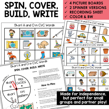 Spin, Cover, Build, Write picture boards and spinners for Short A and Short O CVC words