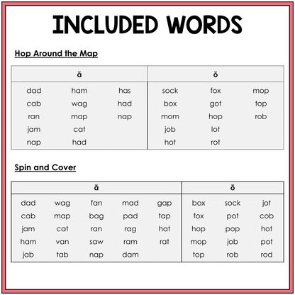 Word list for Short A and Short O CVC word games, Sort 44