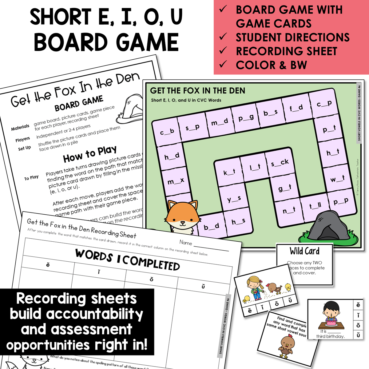 Get the Fox in the Den board game, game cards, and recording sheet for Short E, I, O, and U CVC words