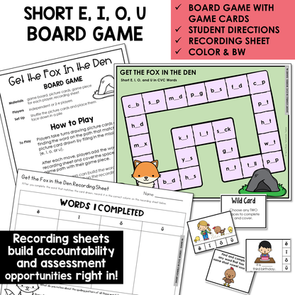 Get the Fox in the Den board game, game cards, and recording sheet for Short E, I, O, and U CVC words