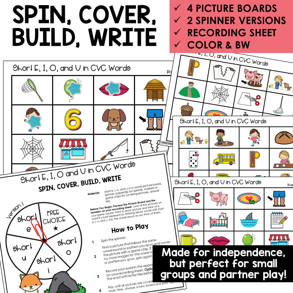 Spin, Cover, Build, Write picture boards and spinners for Short E, I, O, and U CVC words