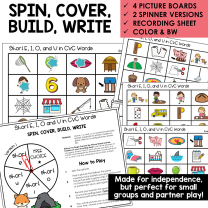 Spin, Cover, Build, Write picture boards and spinners for Short E, I, O, and U CVC words