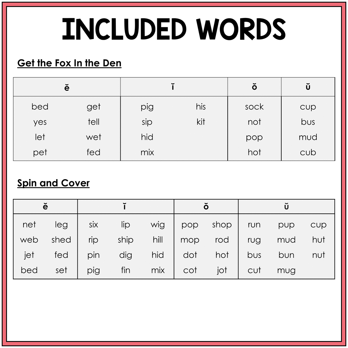 Word list for Short E, I, O, and U CVC word games, Sort 46