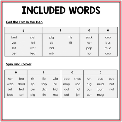 Word list for Short E, I, O, and U CVC word games, Sort 46
