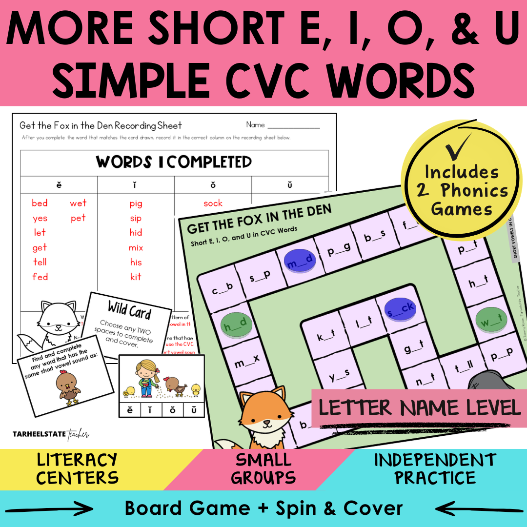 More Short E, I, O, & U Simple CVC Words Sort 46 Letter Name Games cover