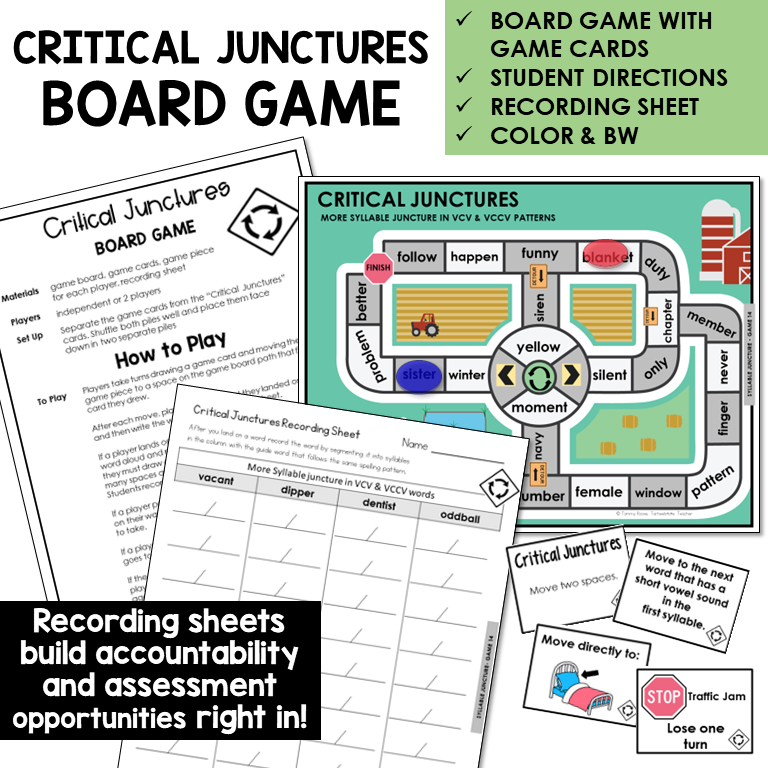 Critical Junctures Board Game for VCV and VCCV syllable division with double and different consonants, with recording sheet