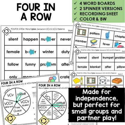 Four In A Row for VCV and VCCV syllable division with double and different consonants, with spinners and recording sheet