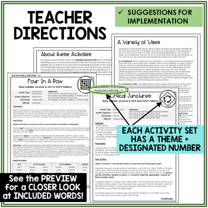 Teacher directions for VCV and VCCV syllable division with double and different consonants games