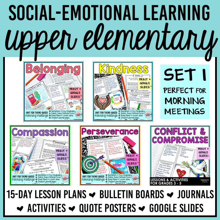 Social emotional learning worksheets and activities for upper elementary on belonging and inclusion, kindness, compassion and empathy, perseverance, and conflict resolution.