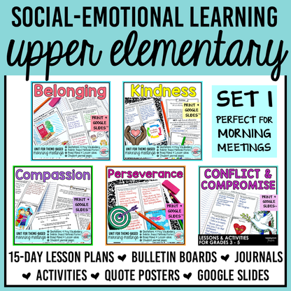 Social emotional learning worksheets and activities for upper elementary on belonging and inclusion, kindness, compassion and empathy, perseverance, and conflict resolution.