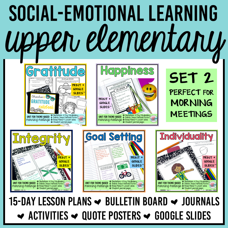 Social emotional learning worksheets and activities for upper elementary on gratitude, happiness, integrity, goal setting, and individuality.