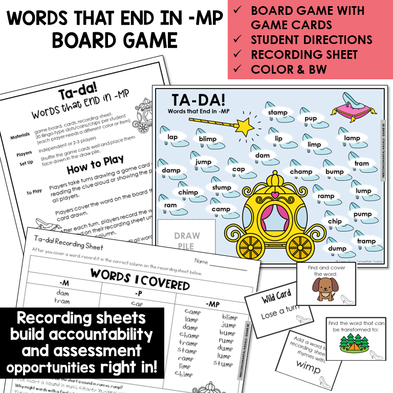 Ta-Da! board game, game cards, and recording sheet for -MP words