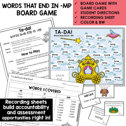 Ta-Da! board game, game cards, and recording sheet for -MP words