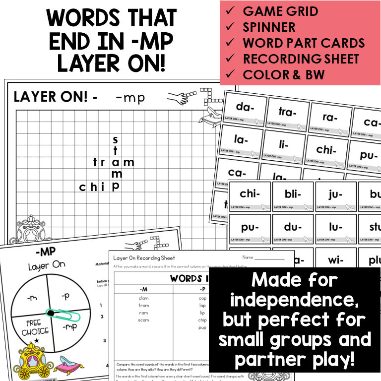 Layer On word building grid, word part cards, and spinner for -MP words