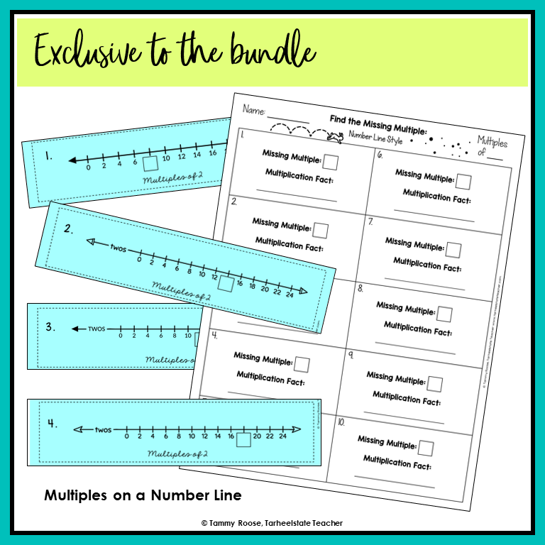 Educational worksheet and matching cards about multiples on a number line exclusive to the multiplication fact fluency bundle
