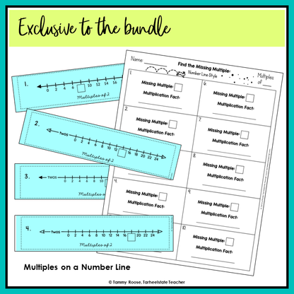 Educational worksheet and matching cards about multiples on a number line exclusive to the multiplication fact fluency bundle