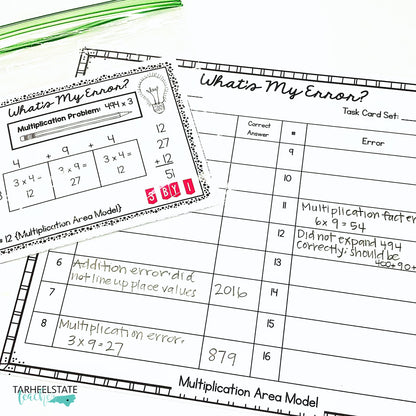 Multiply Whole Numbers with Area Model Error Analysis Task Cards Activities