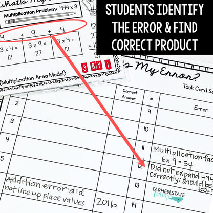 Multiply Whole Numbers with Area Model Error Analysis Task Cards Activities