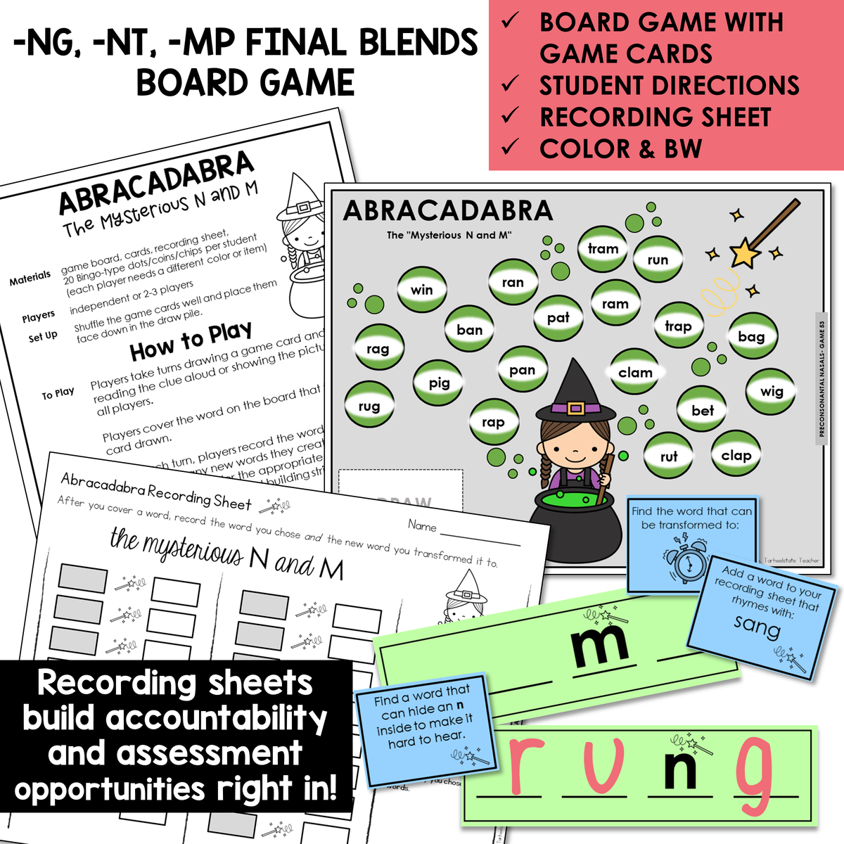 Abracadabra board game, game cards, and recording sheet for -NG, -NT, and -MP words