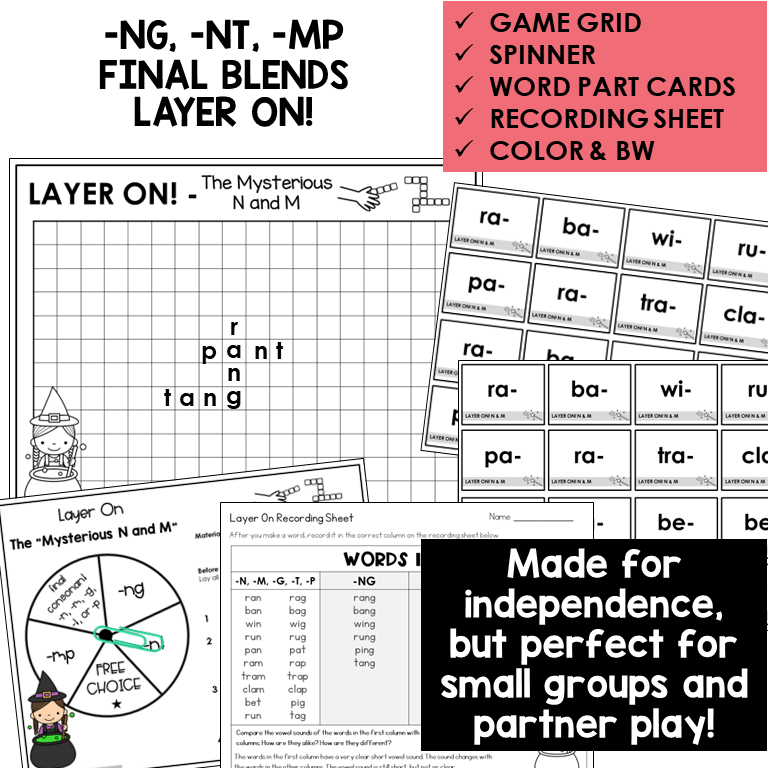 Layer On word building grid, word part cards, and spinner for -NG, -NT, and -MP words