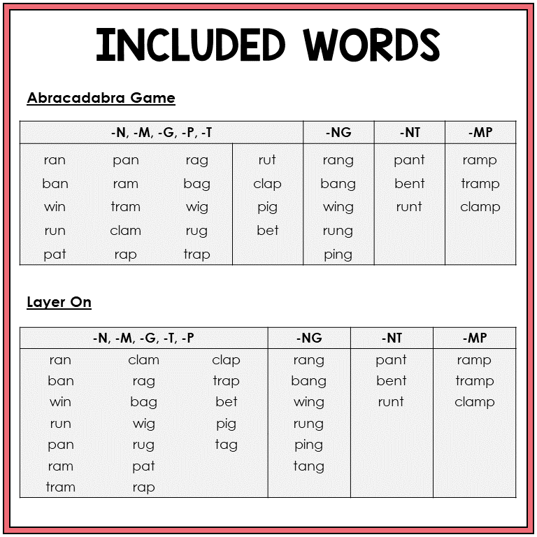 Word list for -NG, -NT, and -MP word games, Sort 53