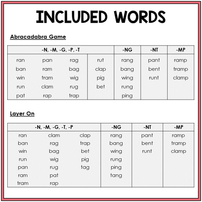 Word list for -NG, -NT, and -MP word games, Sort 53