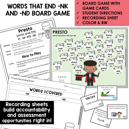 Presto board game, game cards, and recording sheet for -NK and -ND words