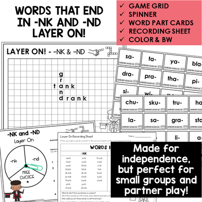 Layer On word building grid, word part cards, and spinner for -NK and -ND words