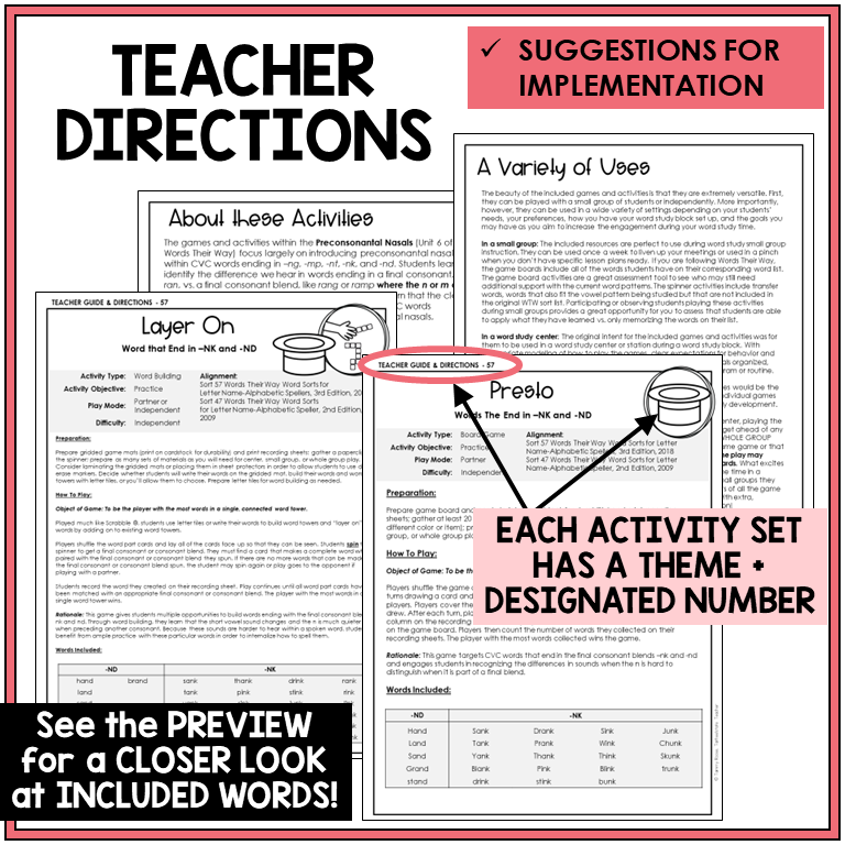 Teacher directions for -NK and -ND word games