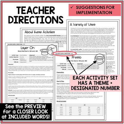 Teacher directions for -NK and -ND word games