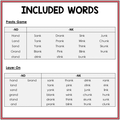 Word list for -NK and -ND word games, Sort 57