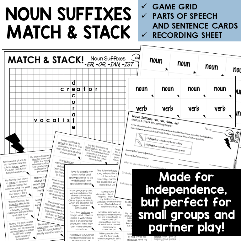 Match & Stack card game for noun suffixes -ER, -OR, -IAN, -IST