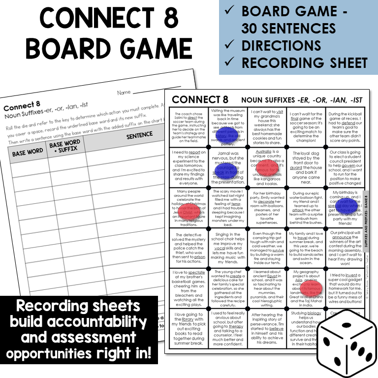 Connect 8 board game for noun suffixes -ER, -OR, -IAN, -IST